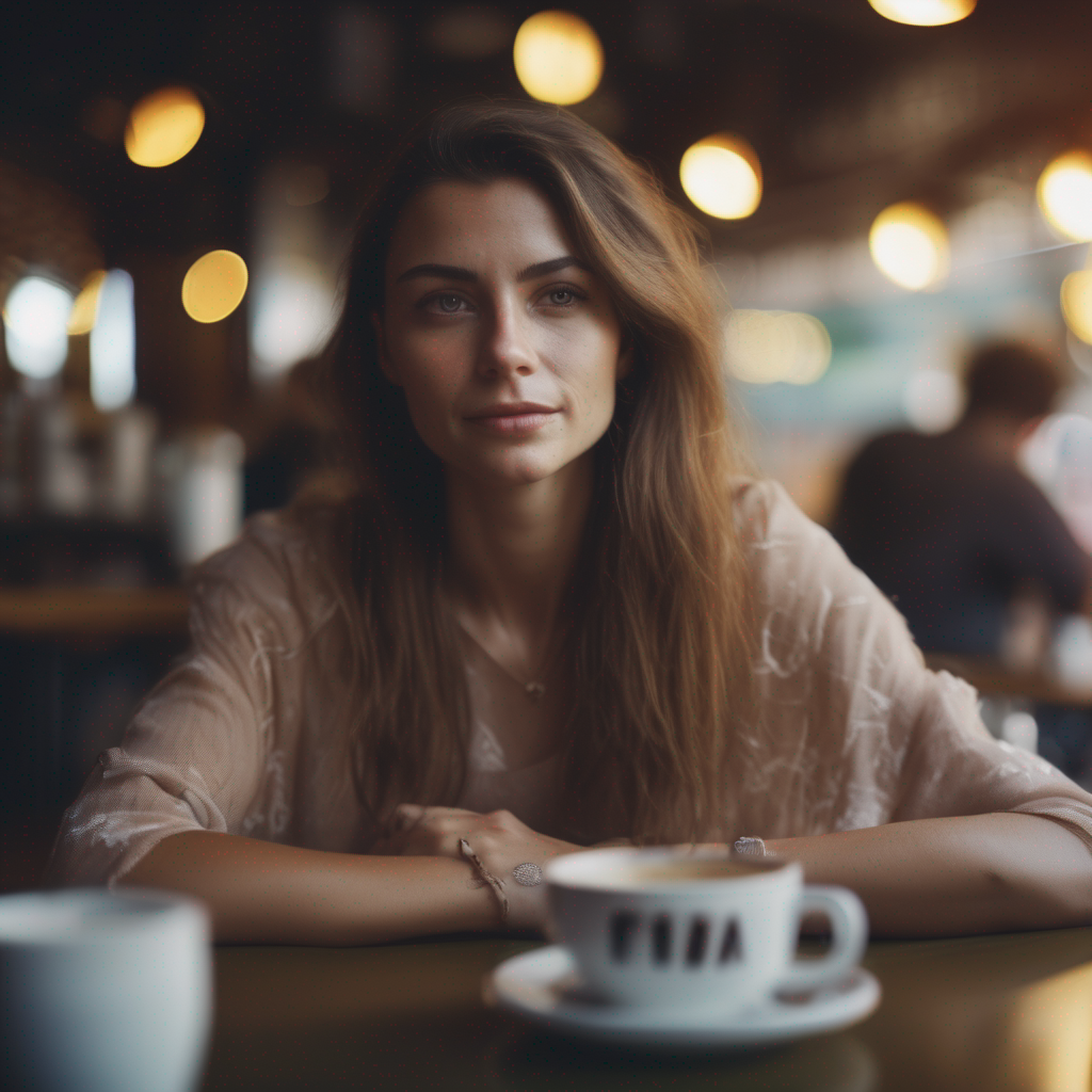 a realistic photo of a woman at a cafe generated by Typli.ai