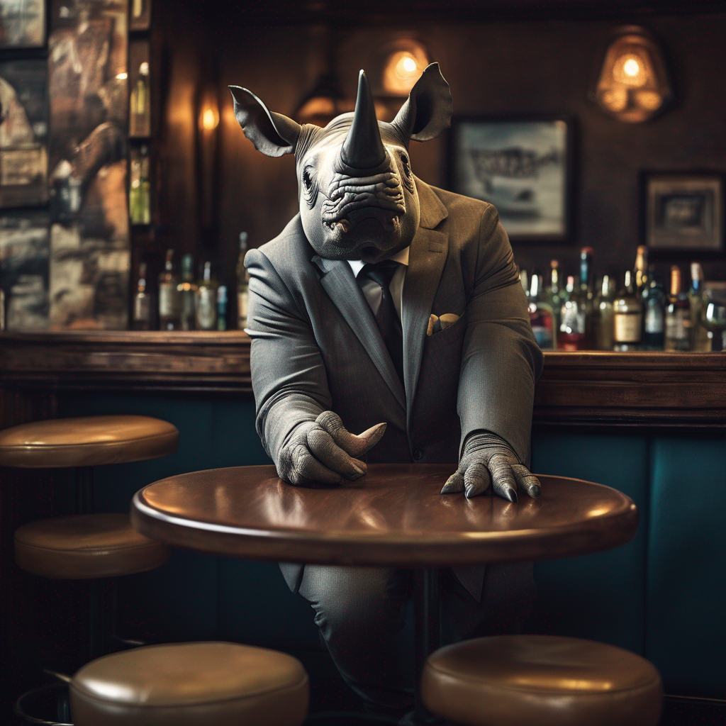 an image of a rhino in a suit sitting in a bar generated by Typli.ai